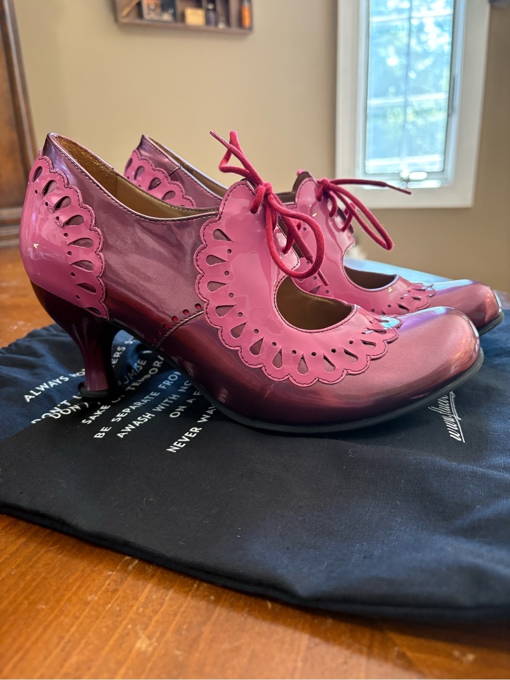 John Fluevog Lottie Deno Bellevue Magenta and Pink Lace-Up Scalloped Heels